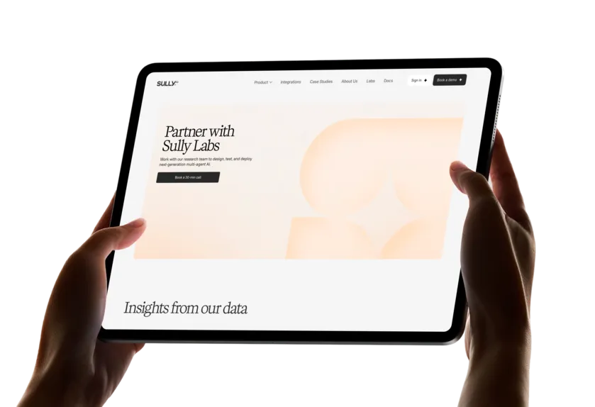 Sully AI healthcare platform interface displayed on a tablet mockup
