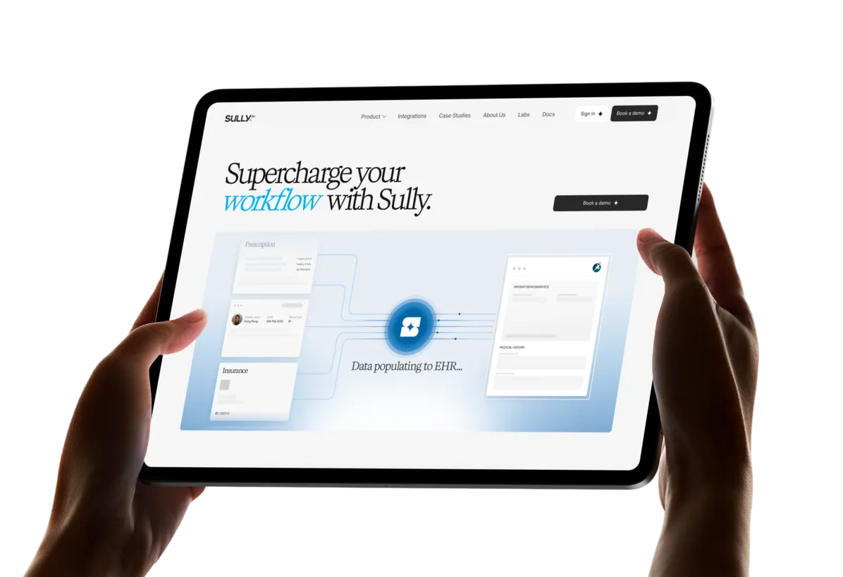The Sully AI platform shown on a tablet, with patient data populating into an EHR