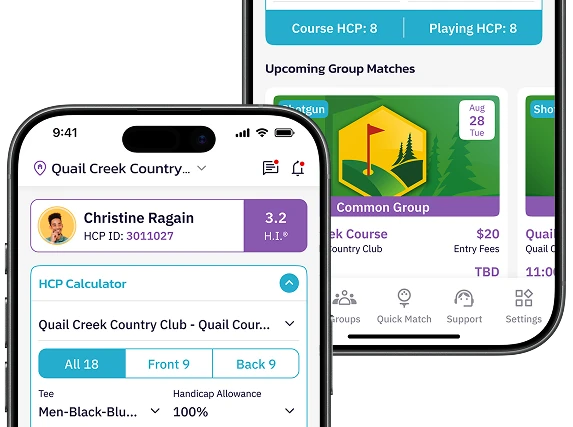 TeeRival mobile app screens on iPhone devices showcasing golf scoring and group match features