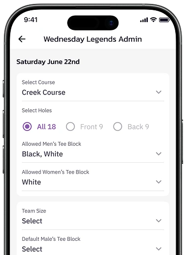 TeeRival mobile app screen displaying tournament setup and group game selection