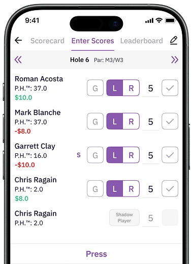 TeeRival mobile app screen showing single-tap score entry during golf round