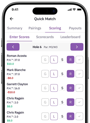 TeeRival mobile app screen showing automated hole-by-hole payout settlement